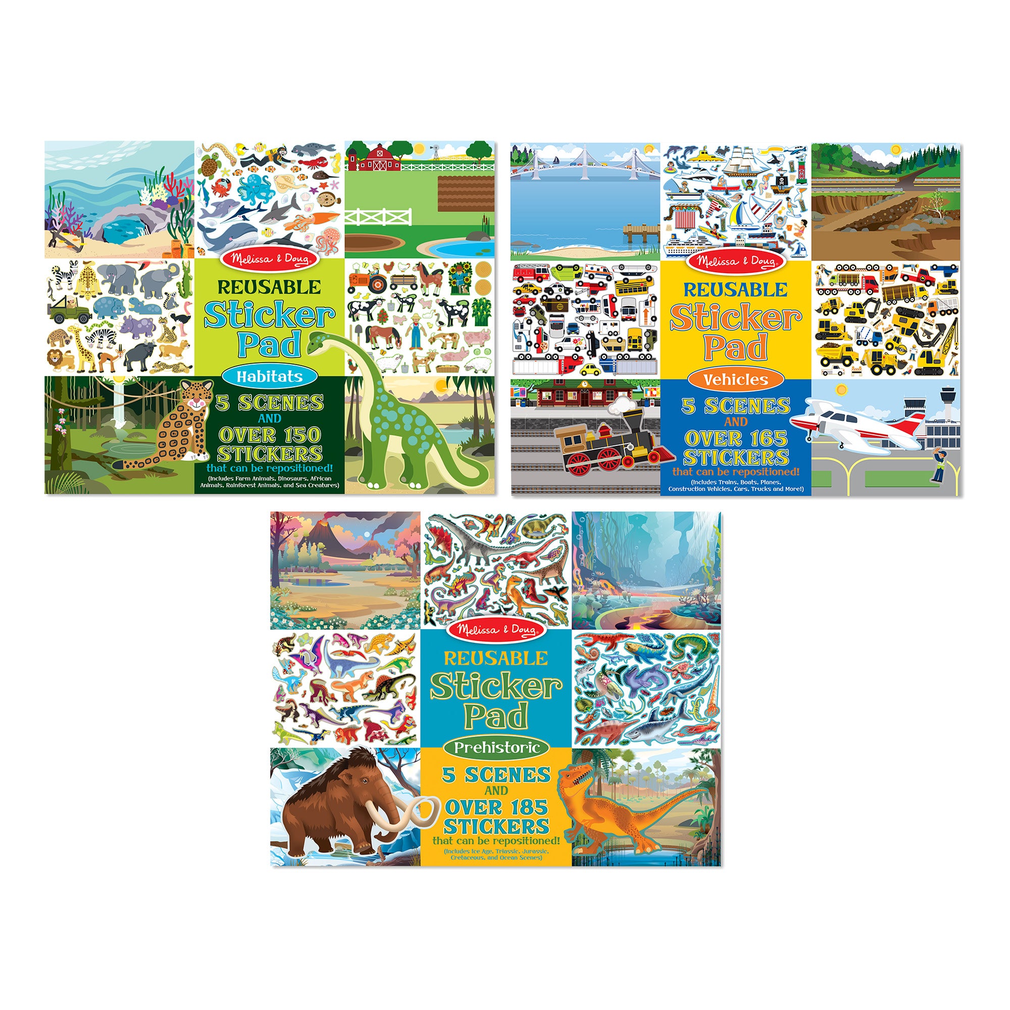 Reusable Sticker Pad 3-Pack: Vehicles. Habitats. Prehistoric